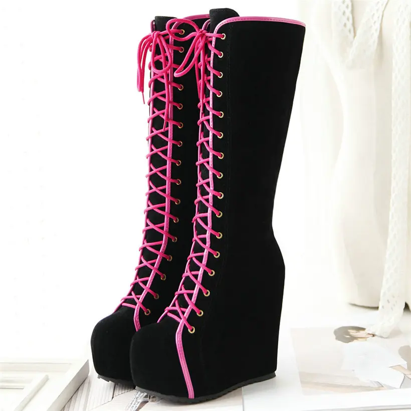 

Black Women Lace Up Strappy Faux Suede Wedges Super High Heel Knee High Boots Round Toe High Platform Long Winter Pumps Shoes