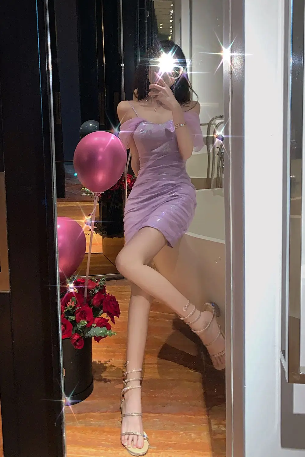 

COIGARSAM Sexy Patchwork Women dress Summer Mesh Dresses Purple 3027