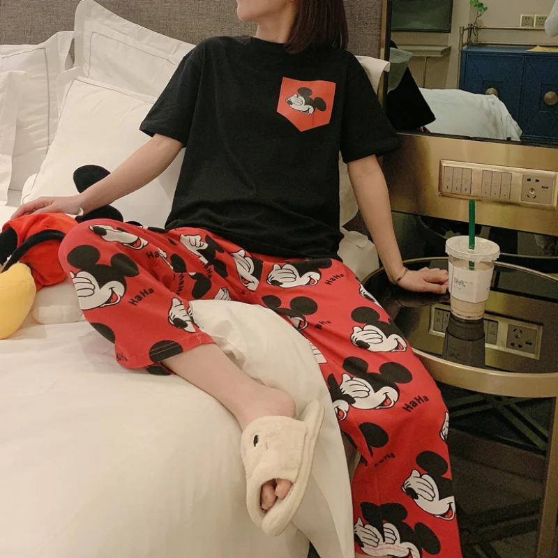 M-2XL Plus Size Disney Anime Minnie Mickey Mouse Pajamas Set Woman Summer Casual Tops and Pant Loose Soft Pijama Mujer Sleepwear