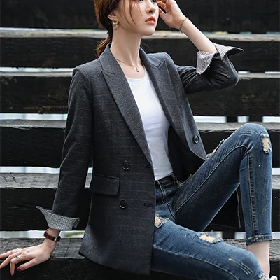 Black Plaid Blazer Для женщин однобортный однотонный Блейзер Женский пальто трех до двенадцати лет Модные Пиджаки Верхняя одежда высокого качества, куртки, 5XL - Цвет: Black Plaid Blazer
