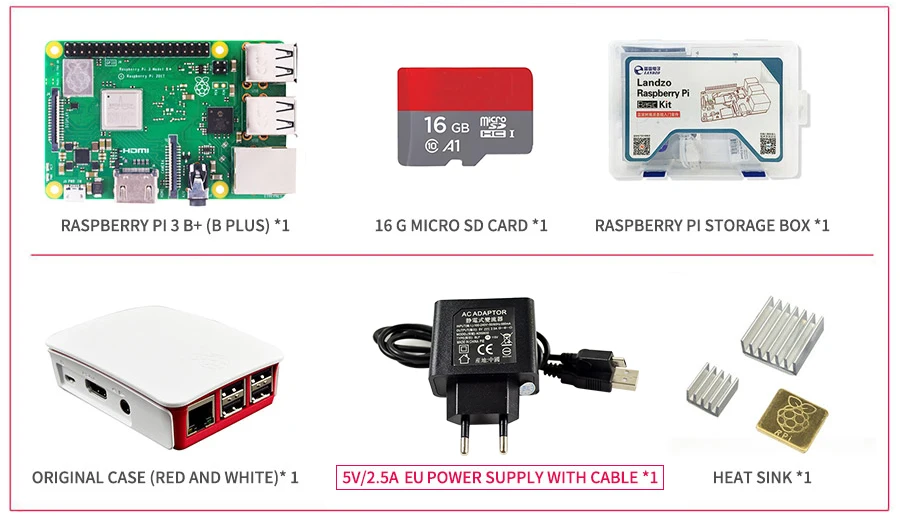 Raspberry Pi 3 Model B+ комплект 16G SD карты+ чехол+ 5 V/2.5A EU/US Питание с кабелем+ теплоотвод