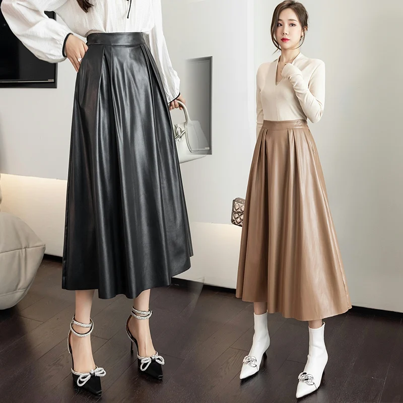 Cheap wholesale 2021 spring summer autumn new fashion casual sexy women Skirt woman female OL long  leather skirt Py550