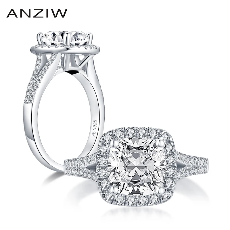 

ANZIW Fashion 925 Sterling Silver 2.0CT Cushion Cut Halo Rings Engagement Simulated Diamond Wedding Silver Rings Jewelry