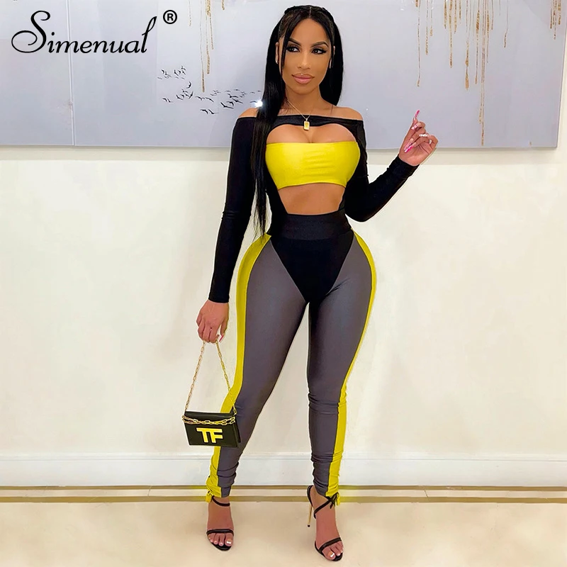 

Simenual Patchwork Cut Out Bodysuit And Leggings Co-ord Sets Off Shoulder Loungewear Sporty Bodycon Athleisure Two Piece Outfits