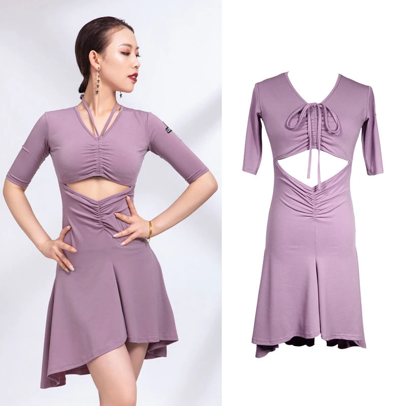 

Summer Pruple Latin Dance Dress Practice Wear Sexy Hollow Out Training Clothing Tango Rumba Prom Performance Costume YS1963
