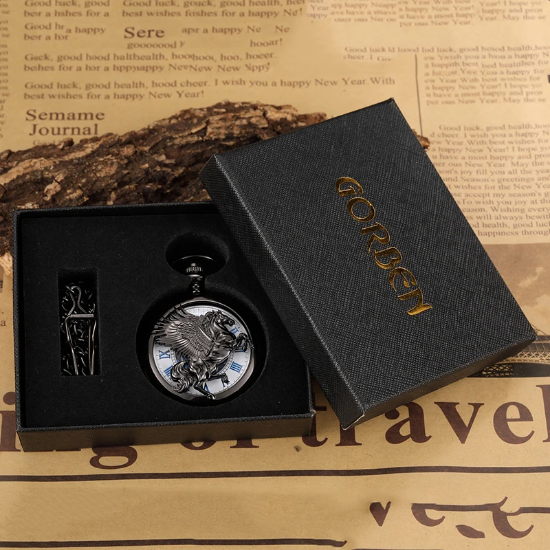 Horse Mechanical Pocket Watch Antique Roman Numerals Flying Wings Fob Chain Hanging Clock with Gift Box for Men Dropshipping