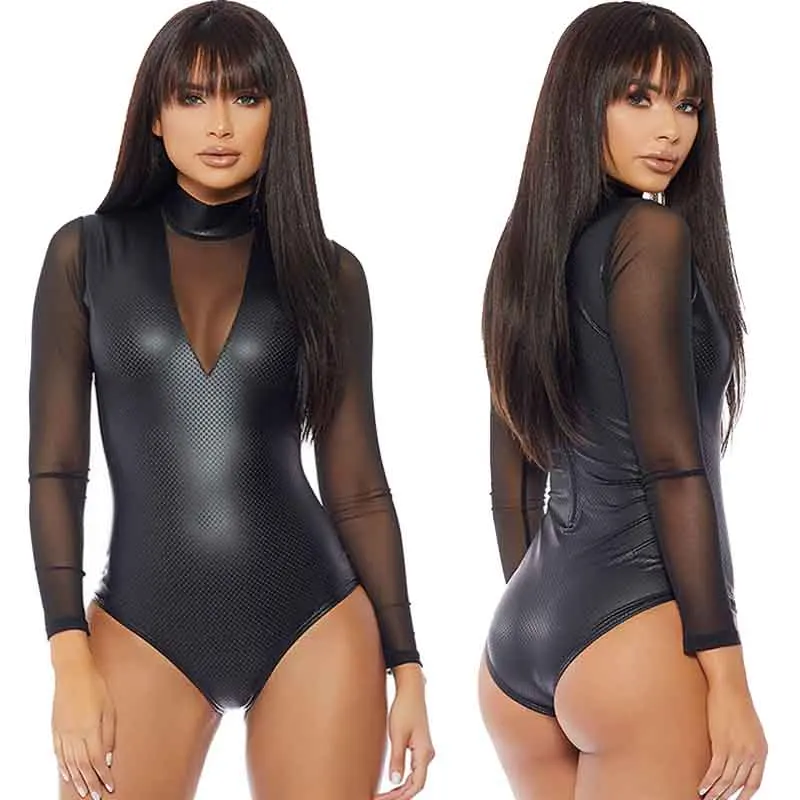 Черный Виниловый Костюм Кошки из искусственной кожи с длинным рукавом