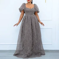 2021 new fashion trend solid color square collar high waist puff sleeve womens dress western style lace sexy perspective