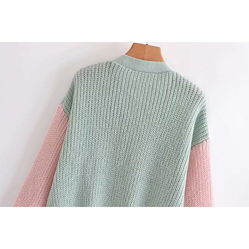 

YENKYE Preppy Style Vintage Patchwork Loose Knit Cardigan Outerwear Women V Neck Long Sleeve Single Breasted Autumn Sweater