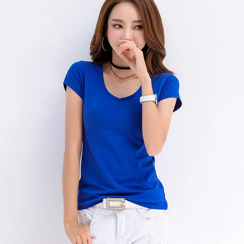 100% Хлопковая женская футболка белые топы 2020 Летняя Повседневная с v-образным