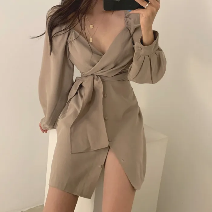 

Miss Don't Korean Chic Elegant V-neck Cross Lace-up Wrapped Chest Slim Slimming A- Line Dress Skirt