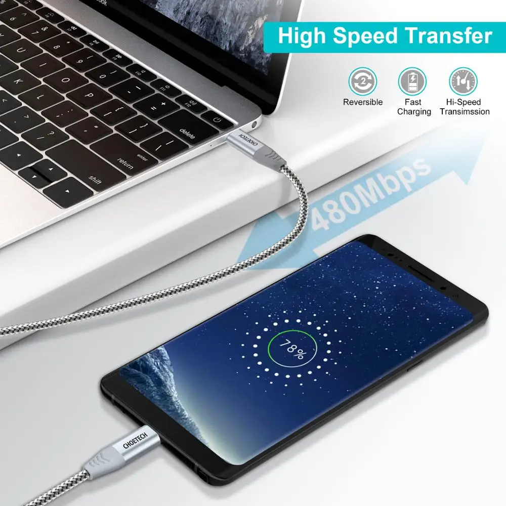 CHOETECH PD 60 Вт Кабель USB C к 2 0 кабель для передачи данных Andoid телефонный с нейлоновой