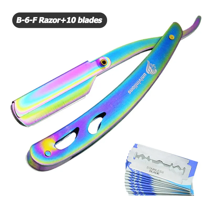 B-6-F 10 blades Univinlions Профессиональная ручная бритва с прямым краем из нержавеющей стали, остроконечная Парикмахерская бритва, складной бритвенный резак для бороды с лезвием - Color: B-6-F 10 blades