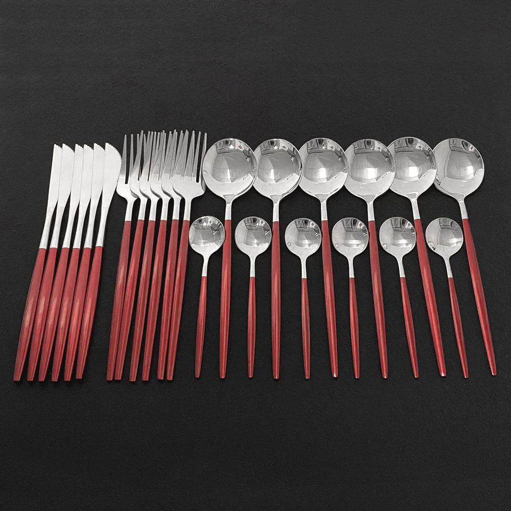 24 шт. набор столовых приборов класса люкс серебряный лак с красной ручкой
