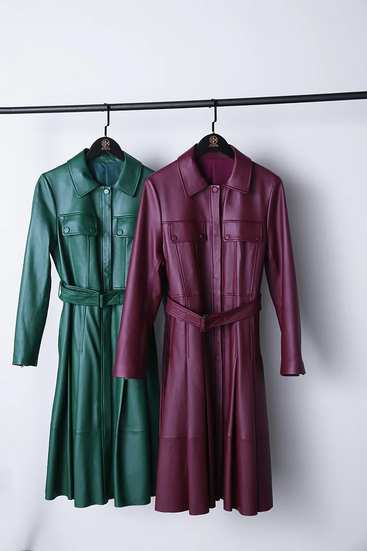 Spring Autumn France Style Women's High Quality Sheepskin Belt Trench Coat Genuine Leather Overcoat F052