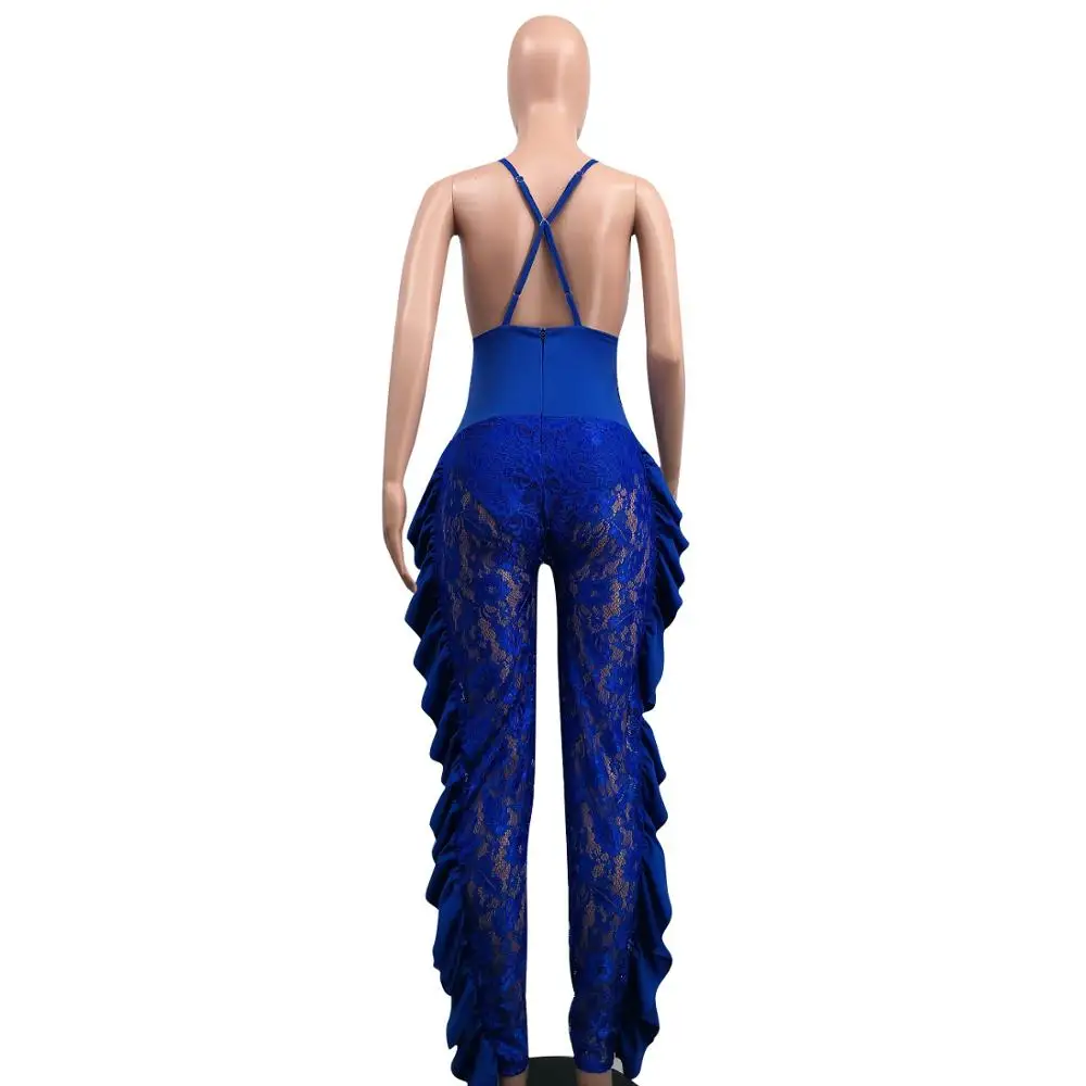 

Sexy Lace Rompers Women Jumpsuit See Trough Transparent Backless Elegant Ruffles Overalls Female Party Plus Size Streetwear