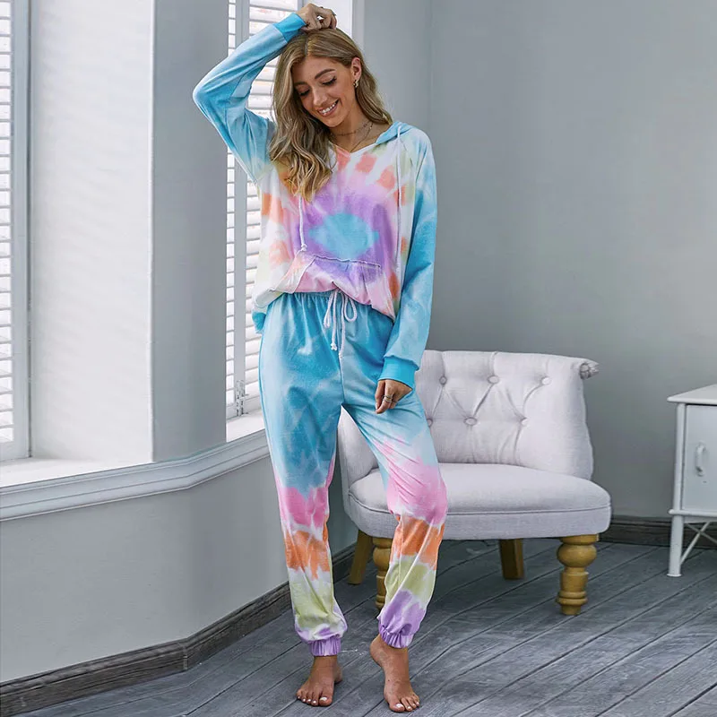 

autumn winter pijama women Hooded clothes Loose Casual Gradient printing Long sleeve pajamas knitting trousers Casual Wear sets