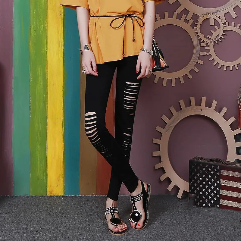 Women's ripped leggings skinny stretch thin black lenggings ankel-length jegging high elastic pencil pants