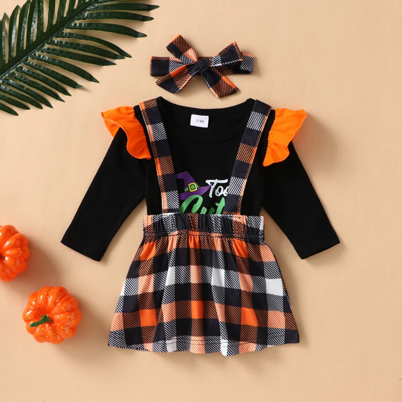 

2021 Autumn Winter New Cute Baby Girls Long-sleeve Alphabet Romper Halloween Plaid Suspender Skirt Two-piece Suit Send Hairband