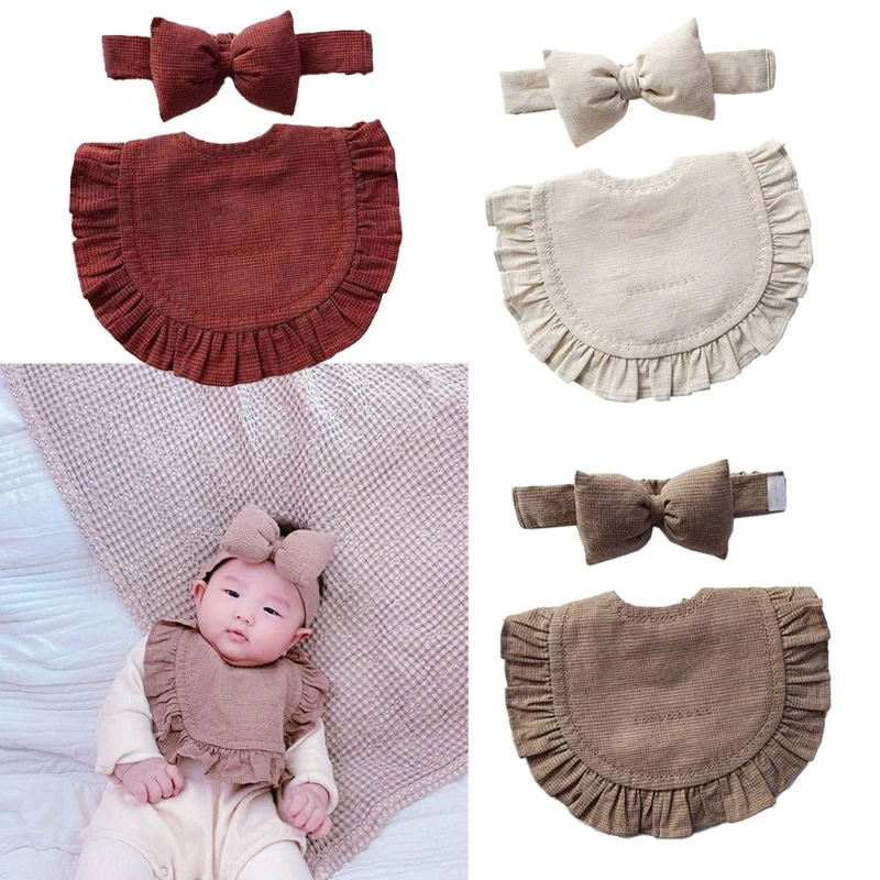 

2Pcs Baby Bib Bow Knot Headband Set Solid Color Ruffles Saliva Towel Burp Cloth