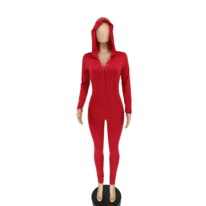 2021 Spring Women's Jumpsuit Hooded Letter Embroidery Solid Color Deep V Sexy Jumpsuit One Piece Outfit Women Club Outfits