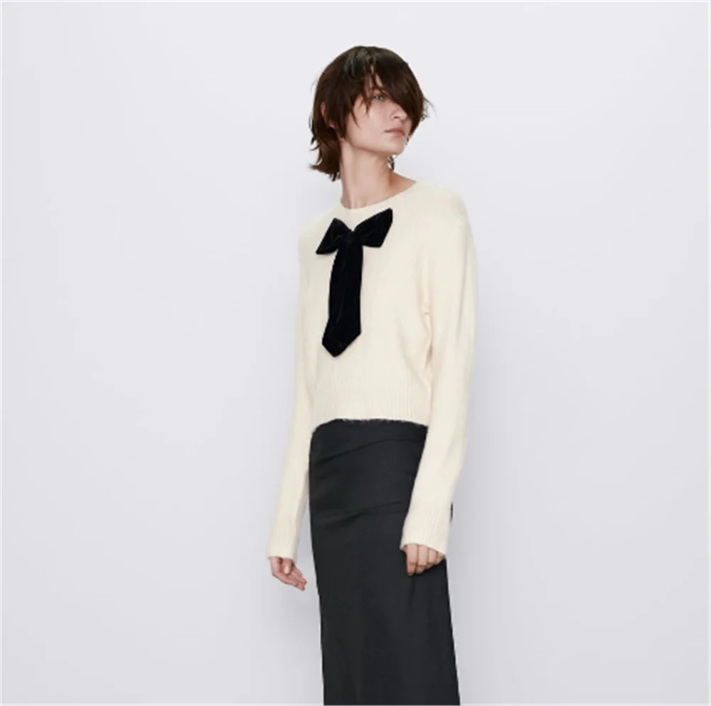 2019 ZA Women's Knit Sweater Fashion New Winter Bow Bohemian Long Sleeve Round Neck Party Gift | Женская одежда