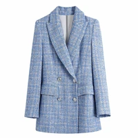 fashion double breasted tweed check women blazer coat vintage long sleeve flap pockets female outerwear chic tops