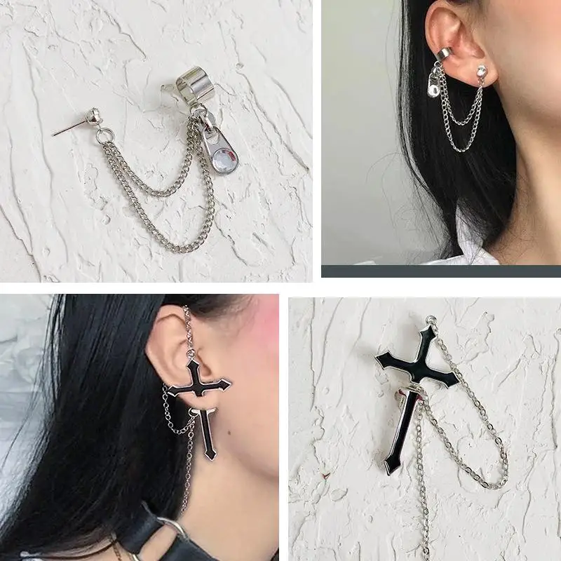 

1 Piece Of Cross Hanging Ear Punk Chain Earrings For Men And Women Exaggerated Party Fashion Personality Ear Bone Clip Jewelry
