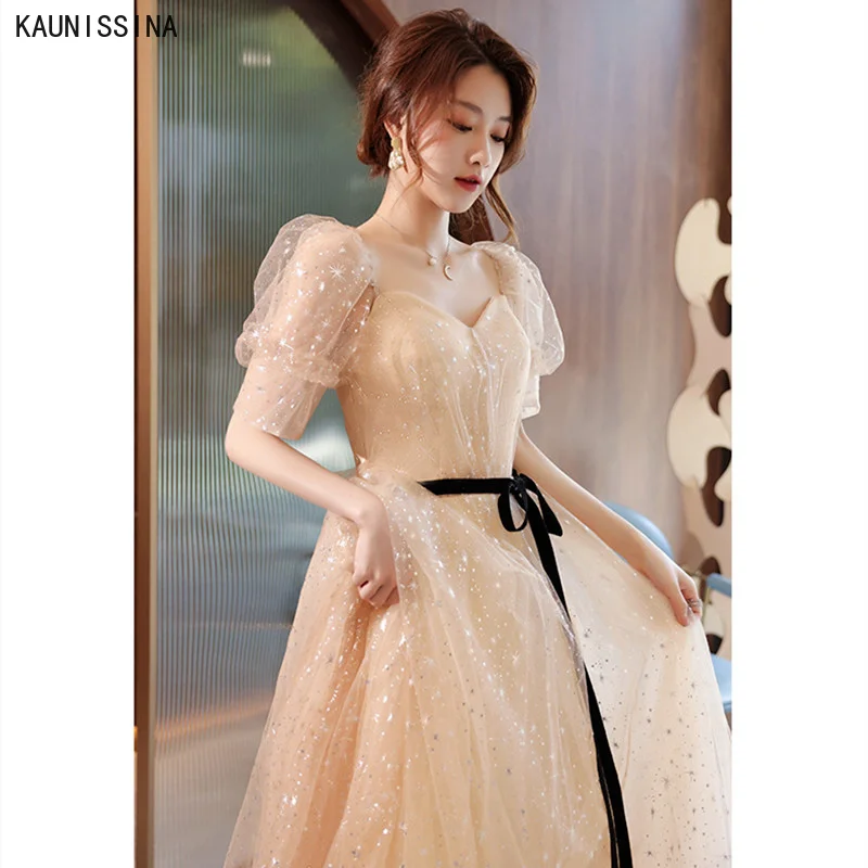 

KAUNISSINA Champagne Evening Dress Short Sleeve Sweetheart Collar Party Dresses Women Formal Prom Gowns Long Vestidos Tulle Robe