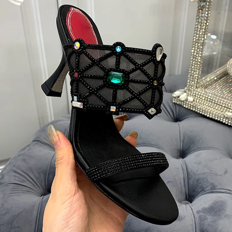 

Ollymurs Luxury New Ladies Outdoor Slides Mules Silk Genuine Sheepskin Diamond Crystal Thin High Heels Solid Colors Women Pumps