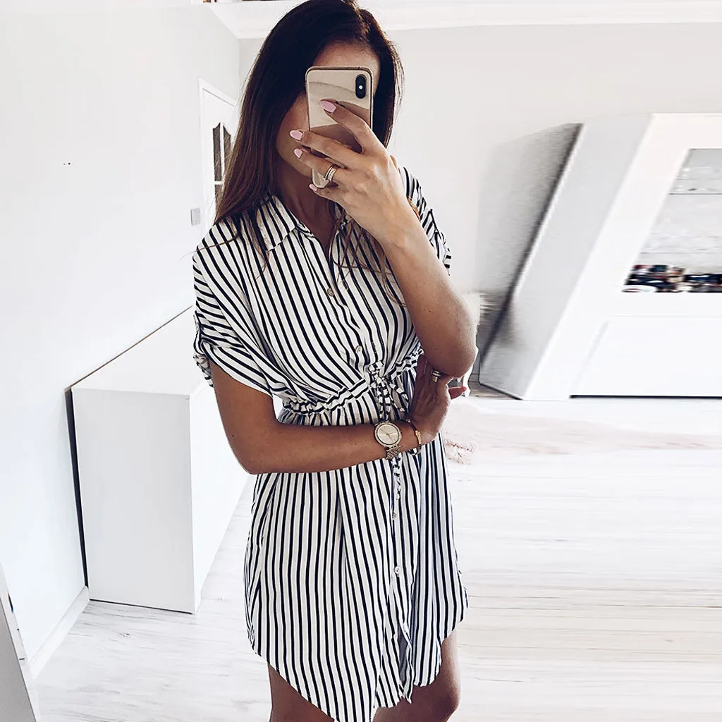 @ Fashion Womens Office Dress Drawstring Bandage Short Sleeve Stripe Print Lapel Shirt Dresses Woman Party Night | Женская одежда