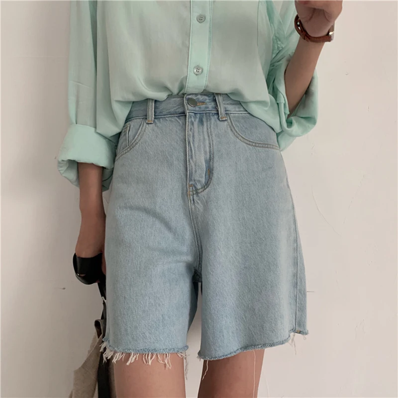 QOERLIN Retro Jean Shorts Women Korean High Waist Wide Leg Denim Shorts Ripped Pocket Sky Blue Shorts Loose Casual Bottoms