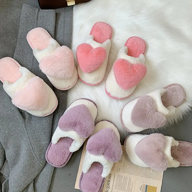 

Autumn Winter Slippers Faux Fur Slippers Women Shoes Sexy Ladies Shoes Woman Heart Shaped Cover Round Toe Furry Hairy Slides