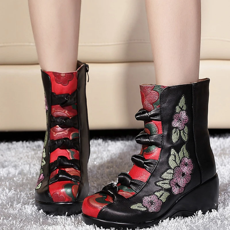 SONDR platform high heel black wedge winter boots women embroider genuine leather botas mujer invierno 2019 short plush botines | Обувь