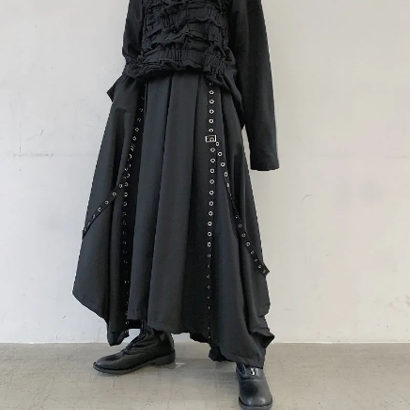 Homens fita preto escuro calças de perna larga masculino feminino japão streetwear punk gótico harem calças kimono saia