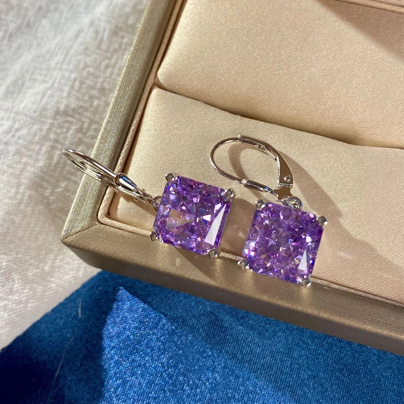 

OEVAS 100% 925 Sterling Silver 10*10mm Topaz Purple High Carbon Diamond Drop Earrings For Women Sparkling Party Fine Jewelry