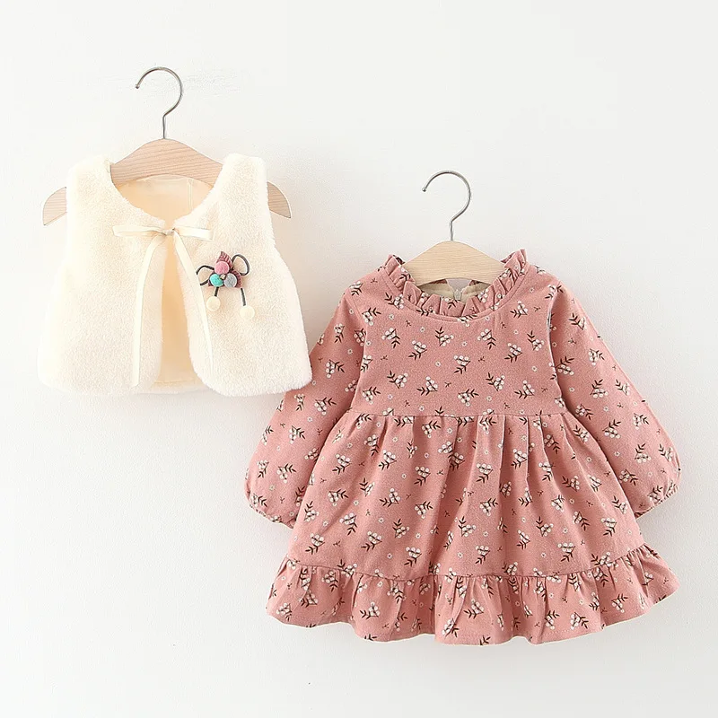 Бархатное платье с жилетом и цветочным рисунком для девочек детская одежда