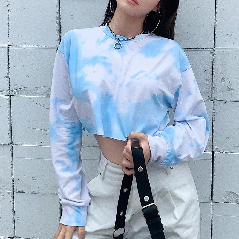 Tie Dye Harajuku Oversized Sweat Crop Top Women Short Sweetshirts 2021 New O-Neck Long Sleeve Pullovers Tracksuit Clothes