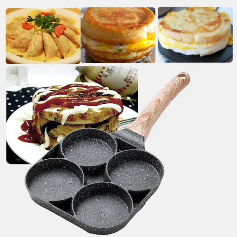 

4 Hole Omelet Pan for burger Eggs Ham Pancake Maker Wooden Handle Frying Pot