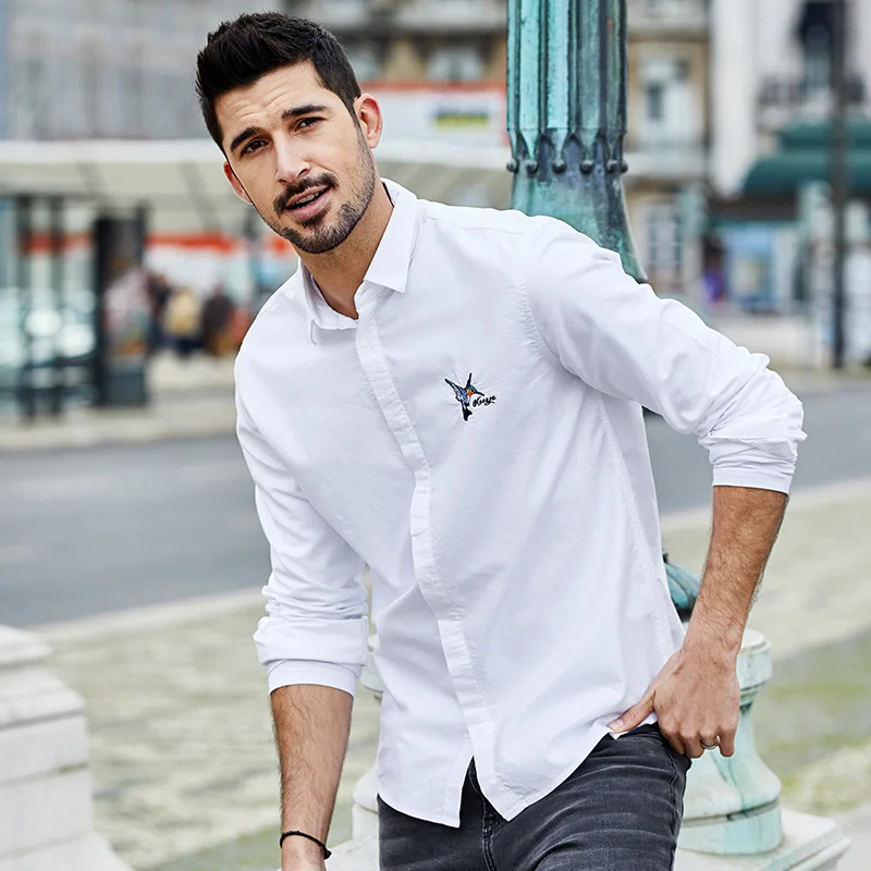 KUEGOU 100% хлопок рубашки с вышивкой мужская рубашка длинным рукавом повседневная