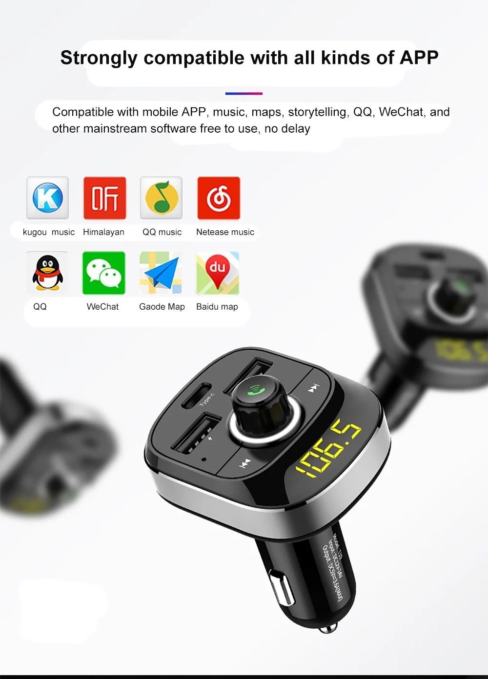 Автомобильный bluetooth-адаптер для громкой связи, автомобильный комплект, автомобильный телефон, динамик, беспроводной fm-передатчик, воспроизведение музыки, порт для зарядки type-C