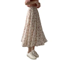 summer skirts womens new vintage floral print chiffon pleated skirt elastic high waist casual midi skirt women clothes