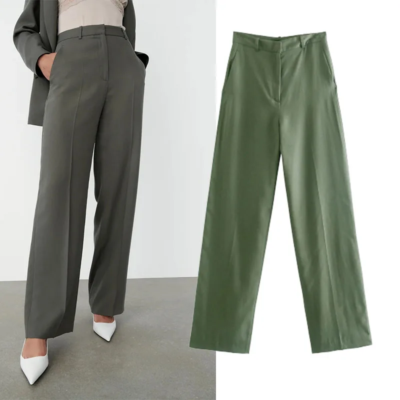 

Za 2021 Women Fashion Neutral wind Wear Front Pockets Wide Leg Pants Vintage High Waist Side Zipper Female Trousers Mujer