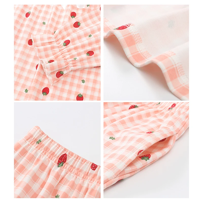 

ATUENDO Spring Fashion Pink Soft Pajama Sets for Women 100% Cotton PJS Atoff Home Satin Sleepwear Autumn Silk Kawaii Nightwear