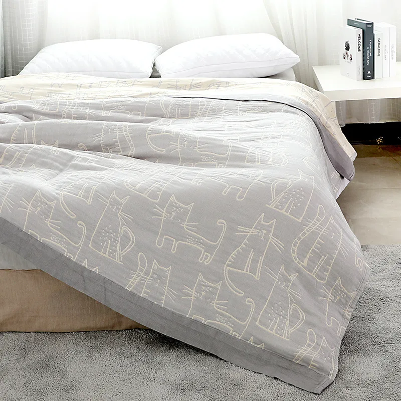 

Gray Summer Blanket Bamboo Cotton Muslin Bed Cover Sofa Travel Breathable Cartoon Cat Thread Large Soft Throw Blanket 200x230cm