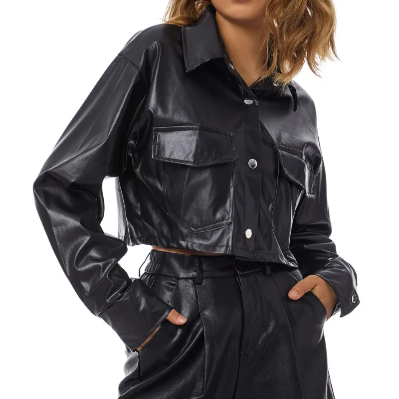 

Женская осенне-зимняя короткая куртка из искусственной кожи, однотонное пальто с длинным рукавом и отложным воротником для девушек, однобо...