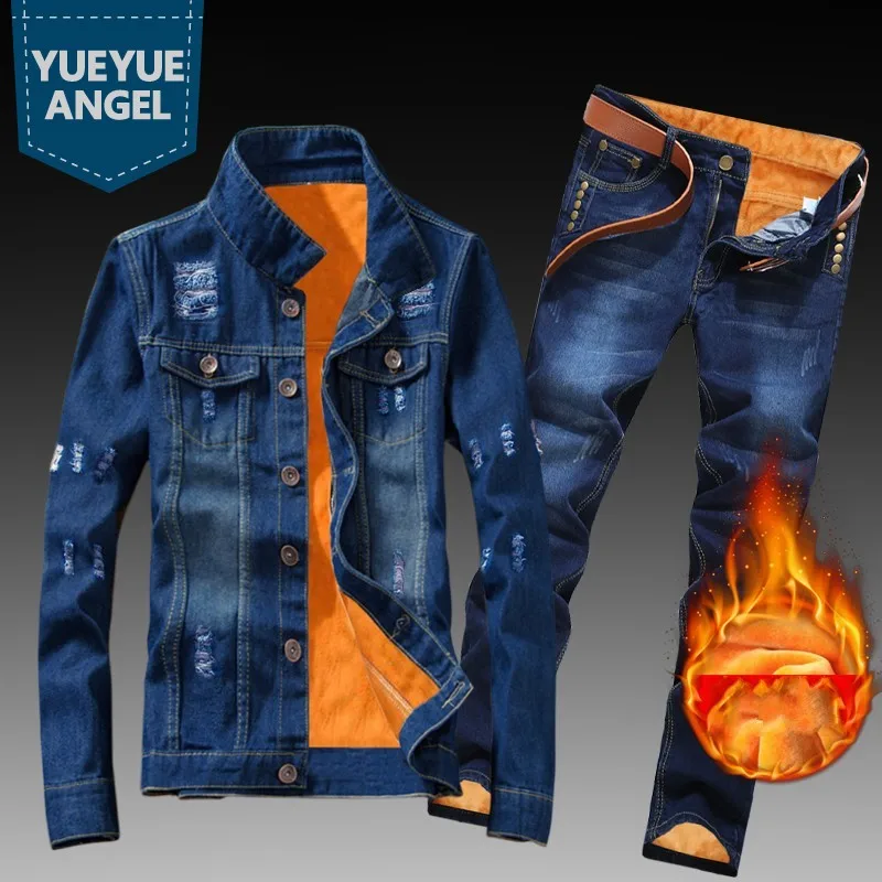 Winter Men Fleece Lining Thick Warm Denim Two Piece Set Slim Fit Cowbody Jacket Jeans Suit Safari Style Cargo Pants Matching Set