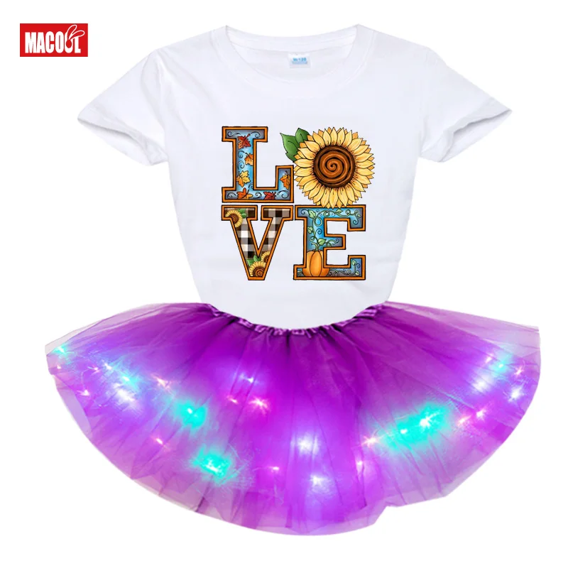 

Toddler Girls Clothes Sets Kids Baby Infant Clothing Girls Short Sleeve T-shirt Tops Luminous Print Skirts Dress Fall Outfit Set