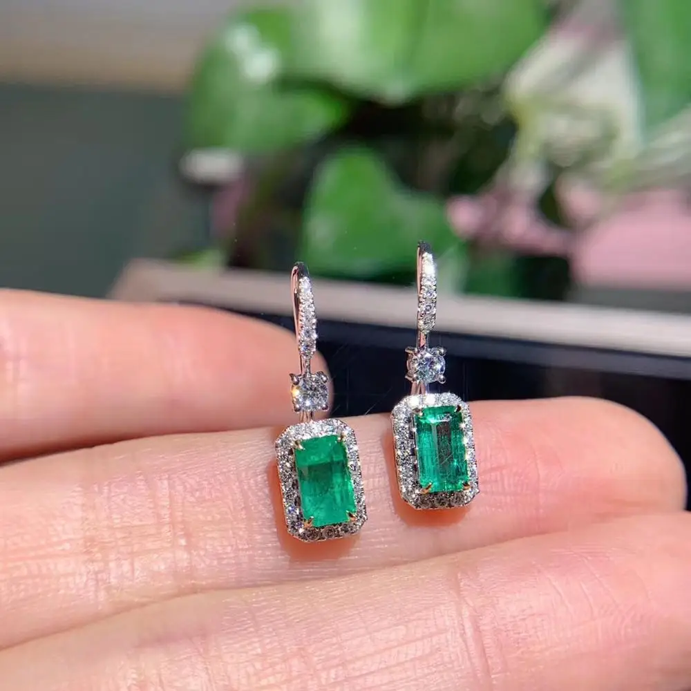 AAA Твердые 18 к белое золото натуральный изумруд сережки с настоящим бриллиантом