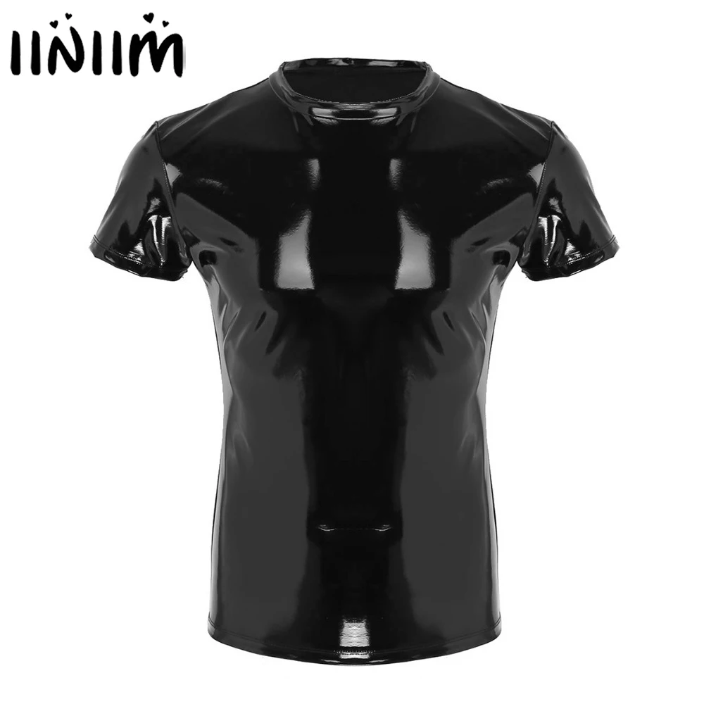 Iiniim-camisetas de moda Punk para hombre, camisa de piel sintética para fiestas nocturnas, ropa de discoteca, camiseta ajustada